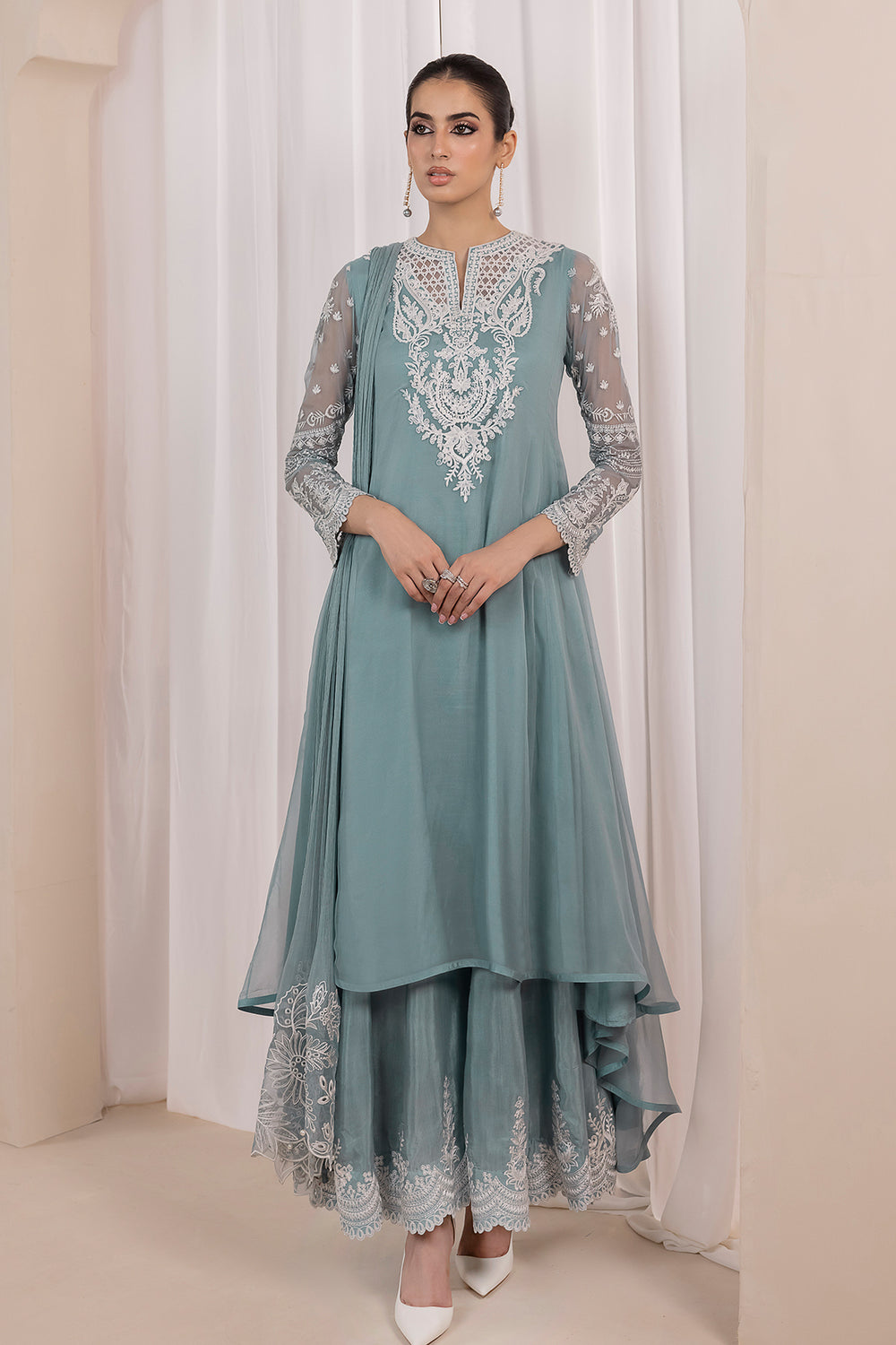Riwayat by Eileen Pret Embroidered Chiffon 4 Piece Suit C14-Mahrosh Cream - Festive Collection