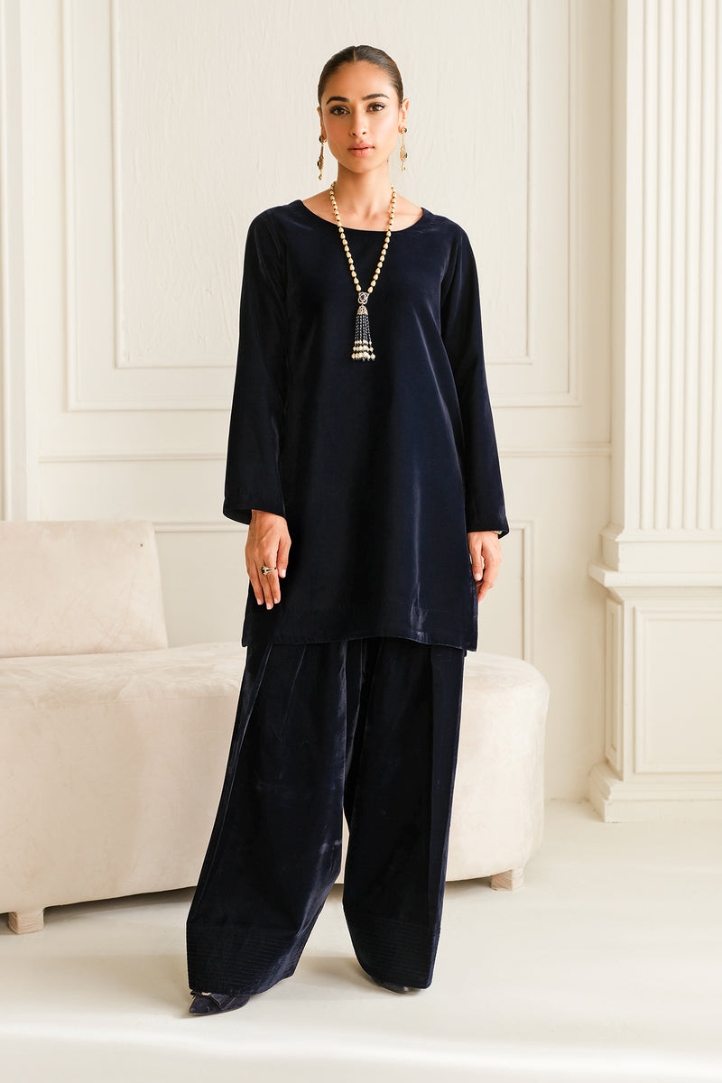 Blue Solid Velvet Straight Suit Set